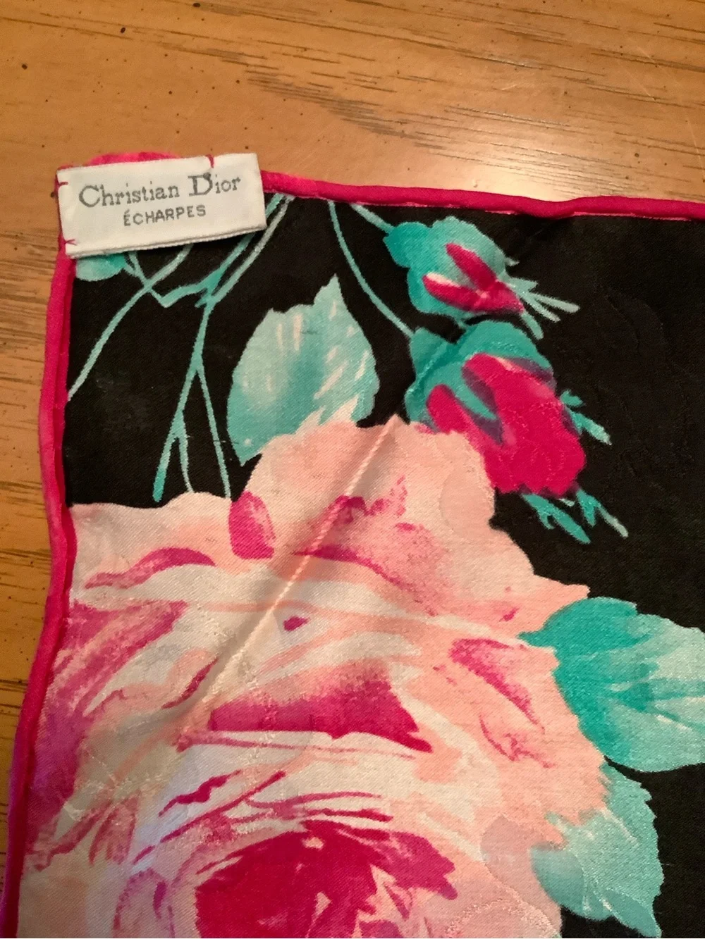 Dior Silk Floral Scarf in Black, Pink & Aqua. 36”
